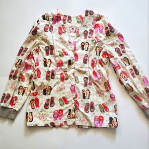 White Cross Flip Flops Scrubs Long-sleeved Top Women's Size Medium Beachy Fun